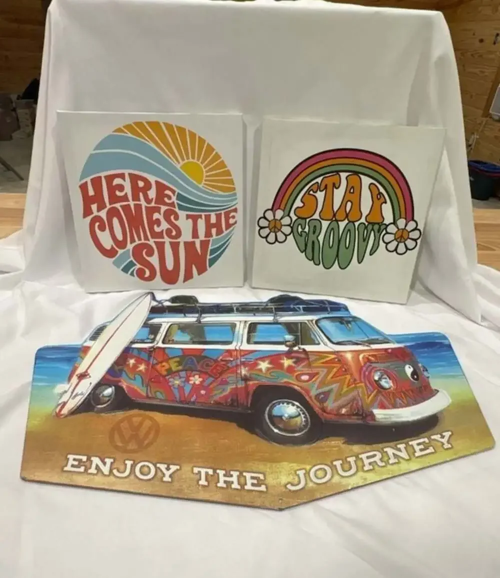 Hippie Decor Set-VW Bus Metal Sign, Here Comes the Sun & Stay Groovy Canvas Art